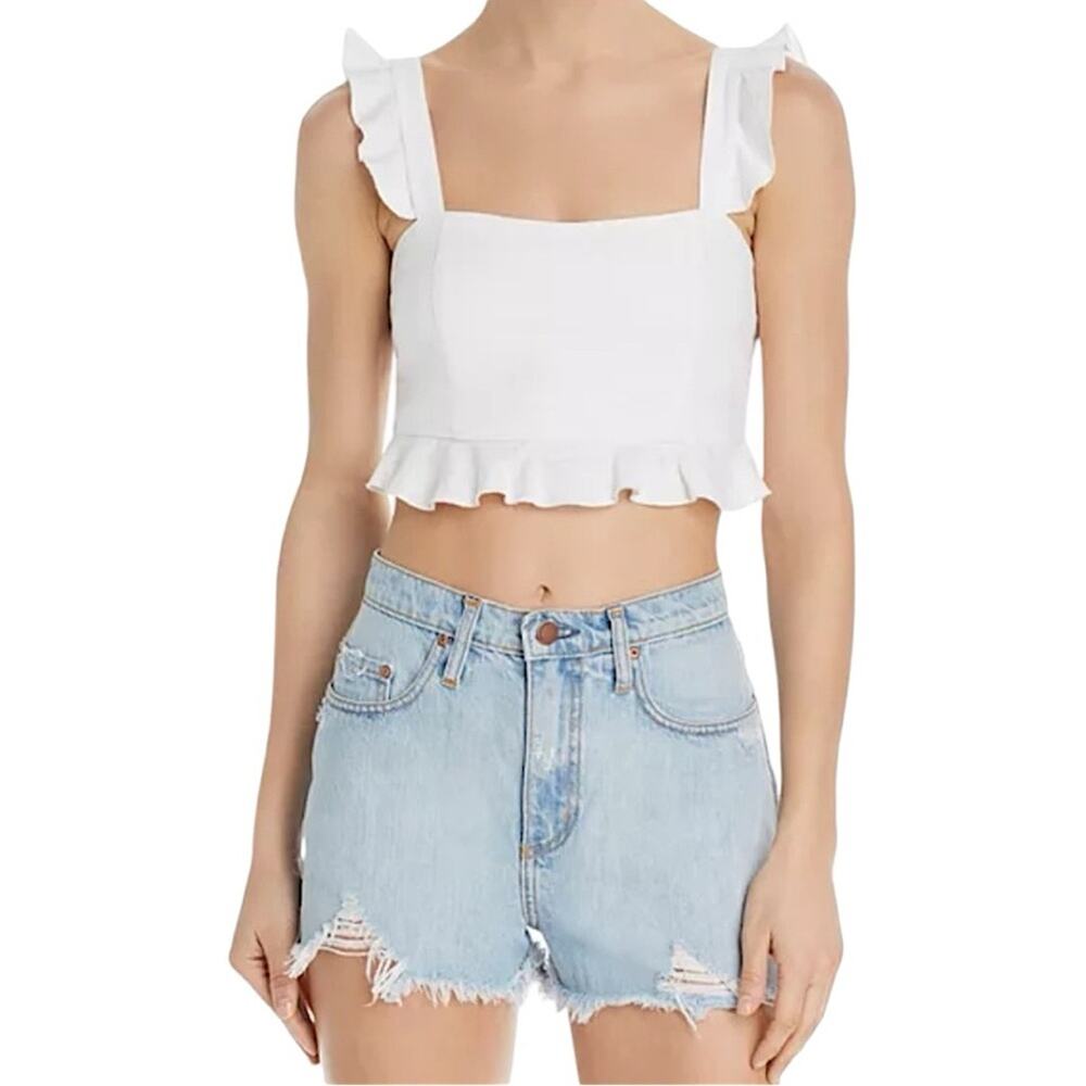 NWT Show Me Your MuMu Delia Flounce Trim Crop Top in White Linen Size Large